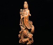 Treasured Small Leaf Boxwood Dragon Subduing Guanyin Ornament