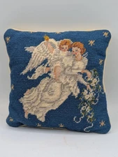 Needlepoint Velvet C & F Enterprises Pillow Angels Child Woman Christmas Blue 9"