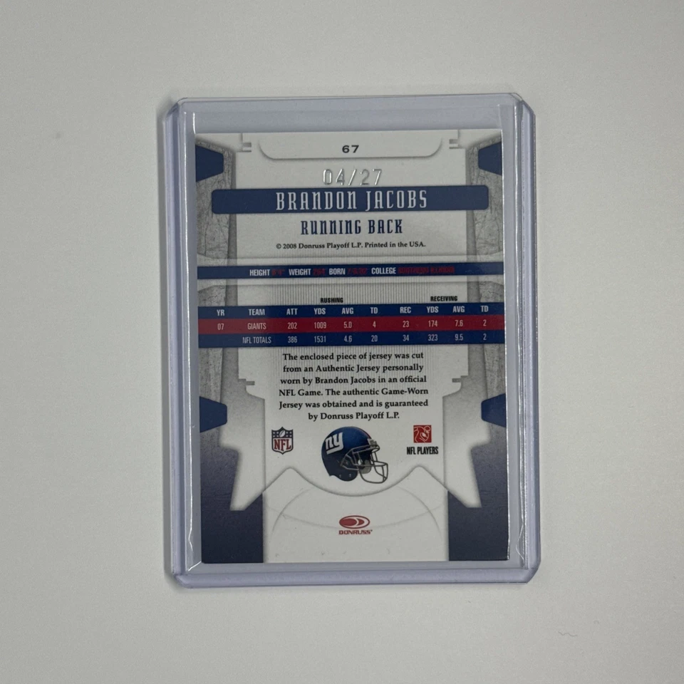 2008 Leaf Limited Threads Prime Game-used Patch #67 Brandon Jacobs Giants /27 - Image 2 of 2