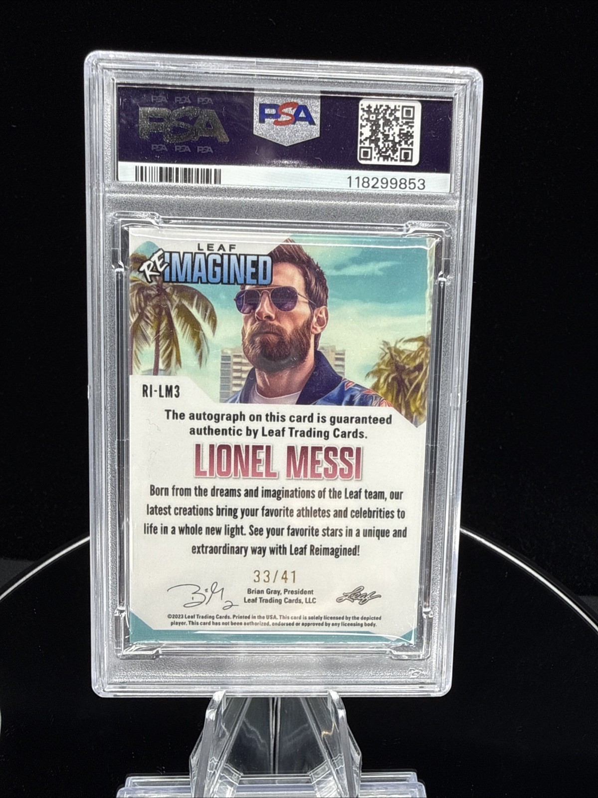 Lionel Messi Auto 2023 Leaf Reimagined Auto /41 #RI-LM3 PSA 10 MIAMI SSP view 2