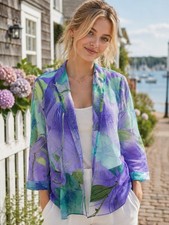 Coldwater Creek Blue Teal Floral Sheer Open Front Jacket Linen Blend Size 10