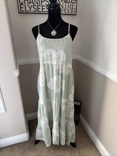 NWT Turks & Caicos Tiered Cotton Maxi Dress Sage Green White Cover-up Beach Boho