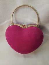 Heart Pink Velvet Jewel Gold Tone Small Handbag