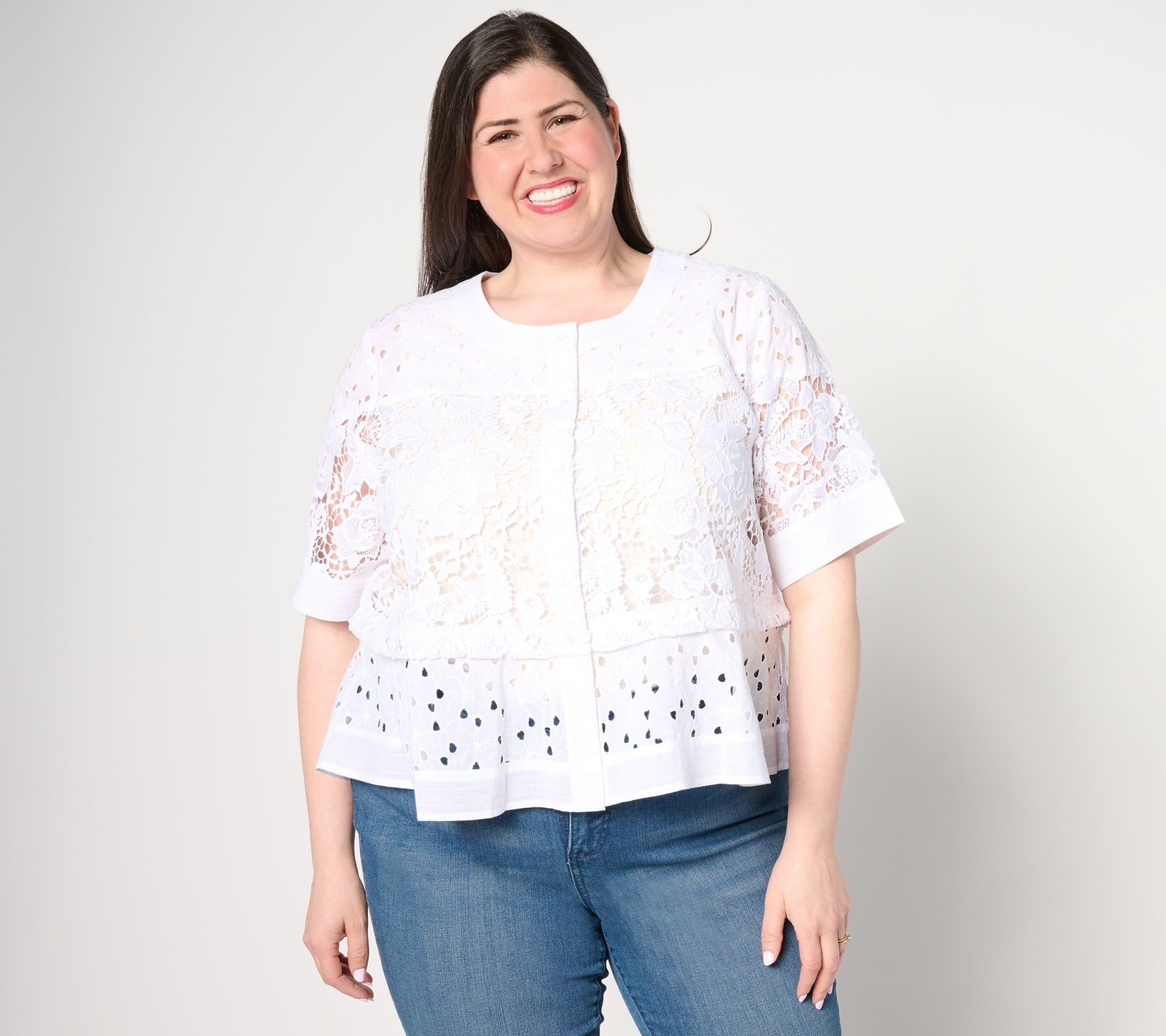 Dennis Basso Women's Top Sz L Mixed Media Lace Swing Topper Brght Wht A647104