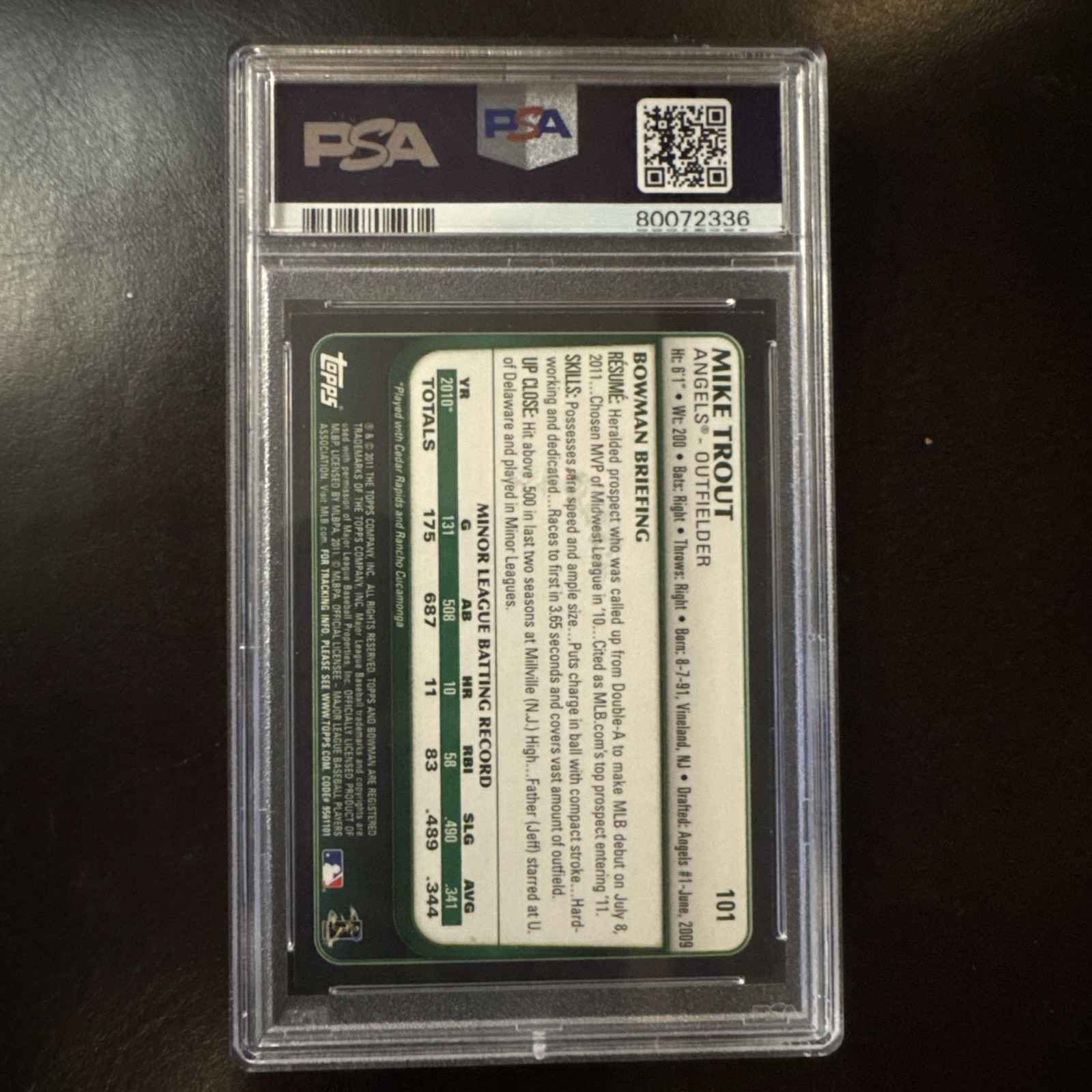 2011 Bowman Draft Mike Trout Rookie PSA 8 NM-MT Los Angeles Angels #101 RC view 2
