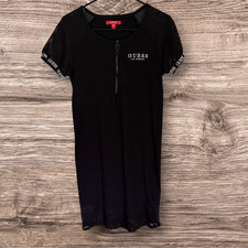 GUESS Los Angeles Midi Dress Women's Sz L Black Bodycon Zip Front Mesh Shoulders