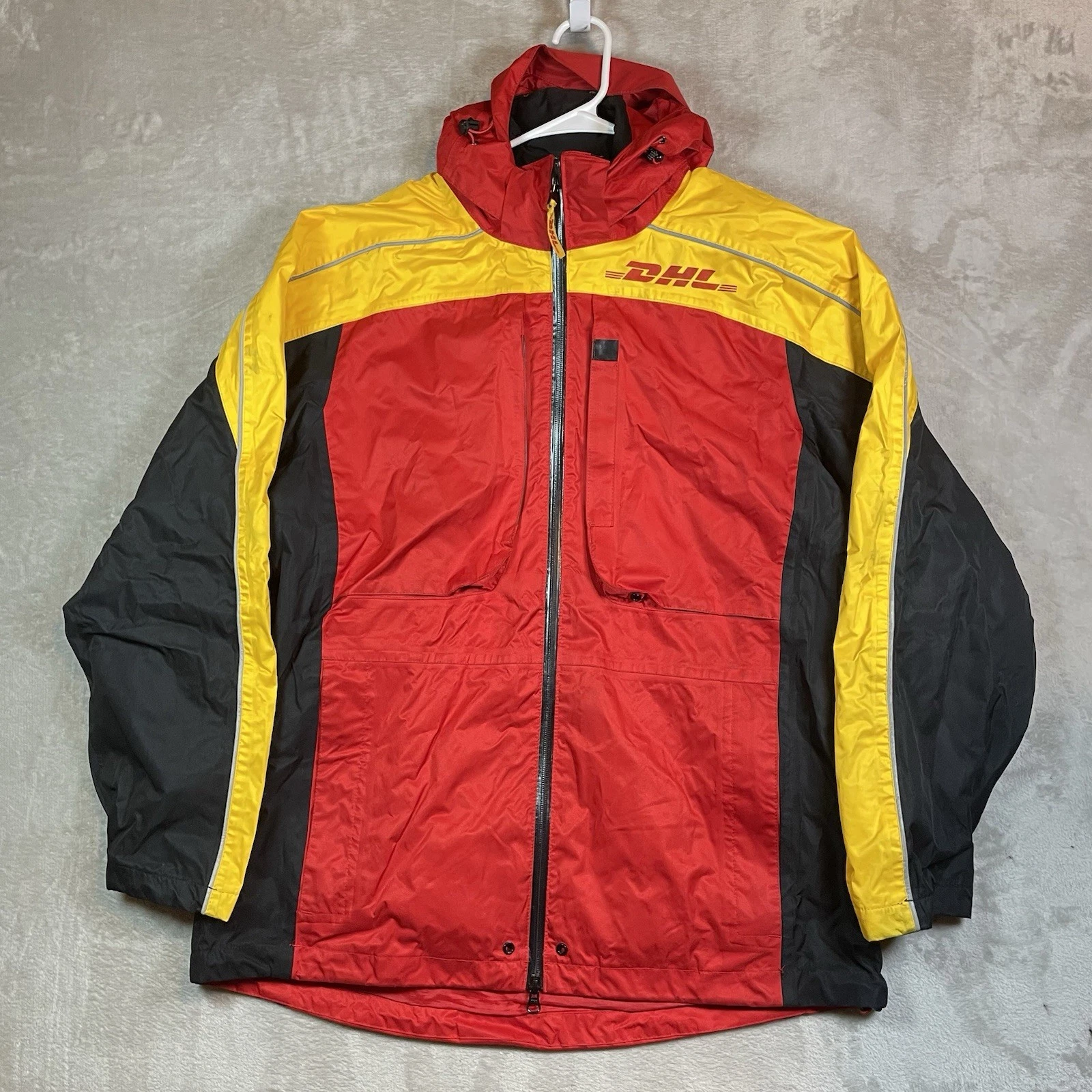 DHL Jacket Mens M Red Yellow Black Windbreaker Softshell Work Lined Hooded