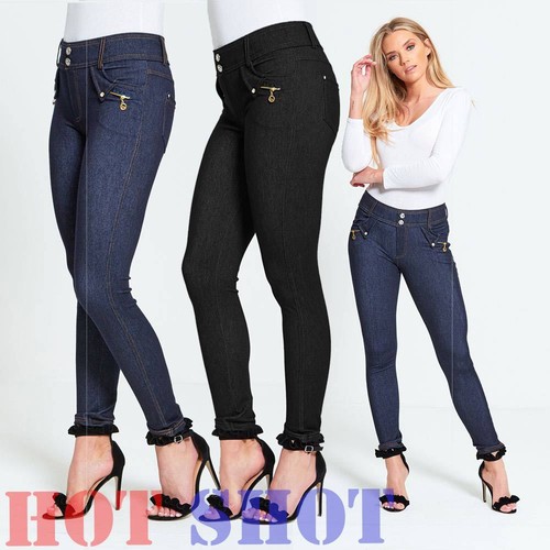Womens Ladies Mid Waisted Blue Skinny 
