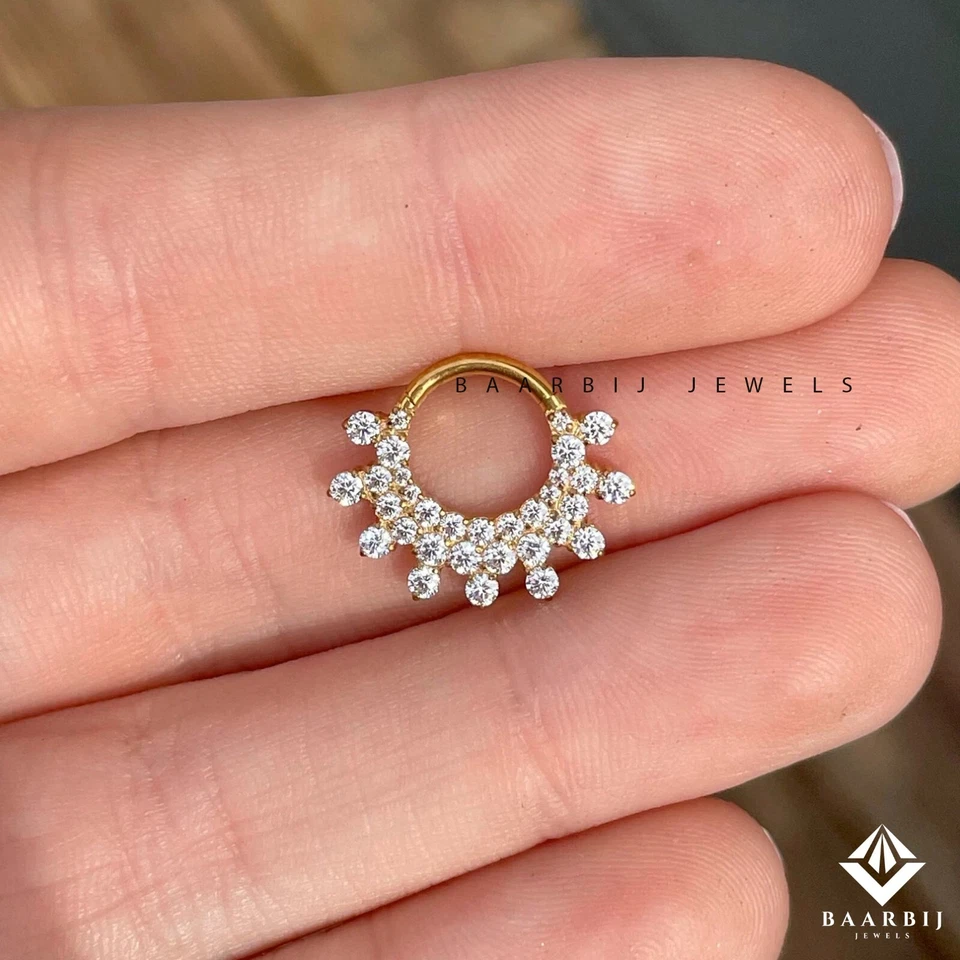 Three layer Septum 14K Gold with Natural Diamond Clicker Daith Piercing jewelry - Image 2 of 4