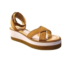 Lucky Brand Tarhi Wedge Sandal Macaroon Brown Oiled Suede Womens Size 11