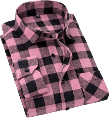 Cromoncent Camicia Casual Uomo A Maniche Corte Con Stampa Quadri Buffalo E Colletto Cubano - Leggera, In Poliestere, Taglia S, Colore Rosa - 3