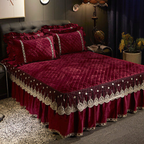 European Lace Velvet Bedspread Ruffle Bedskirt Queen King Quilted Bed Cover 3pcs - Picture 1 of 30