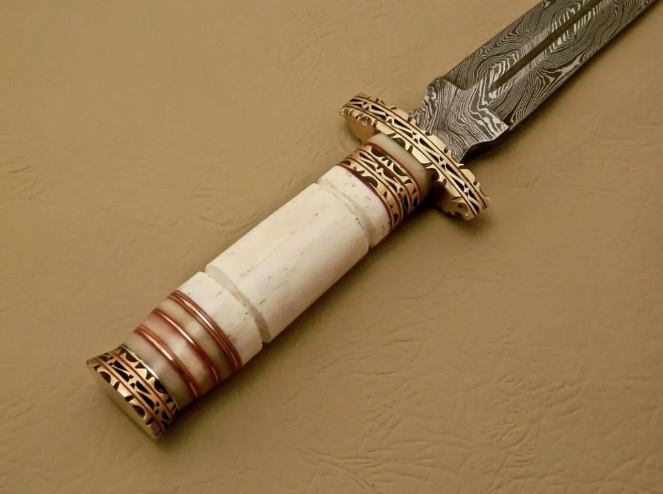 custome handmade damascus steel 13.5" dagger knife handle camel bone with clip - Image 3 of 4