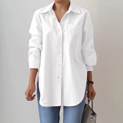 Womens Long Sleeve Plain Lapel Shirts Formal School Business Oversized Tops Tee - Picture 3 of 15