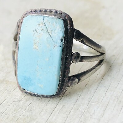 Vintage Navajo  Blue Turquoise  Ring Sterling Silver Ring Old Pawn Fred Harvey