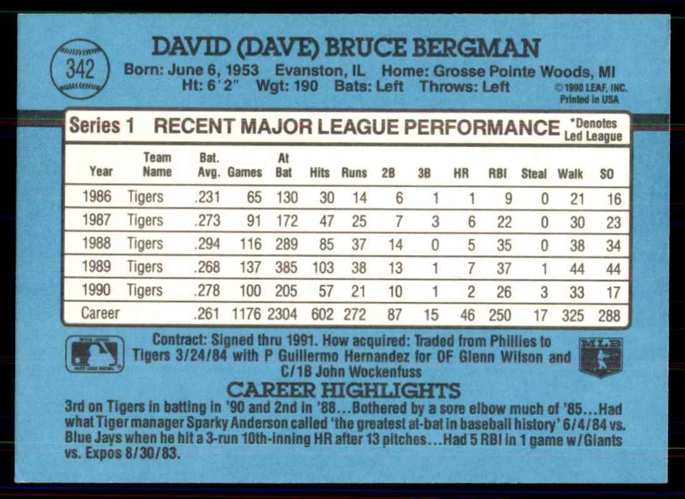 1991 Donruss Dave Bergman Detroit Tigers #342 - Image 2 of 2