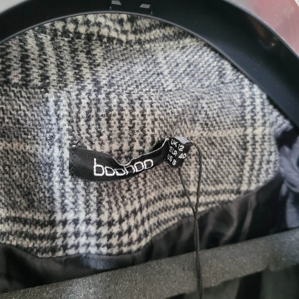 Boohoo long Black White Check Long Sleeve Jacket Coat UK 12 Button Cotton Blend - Image 4 of 4