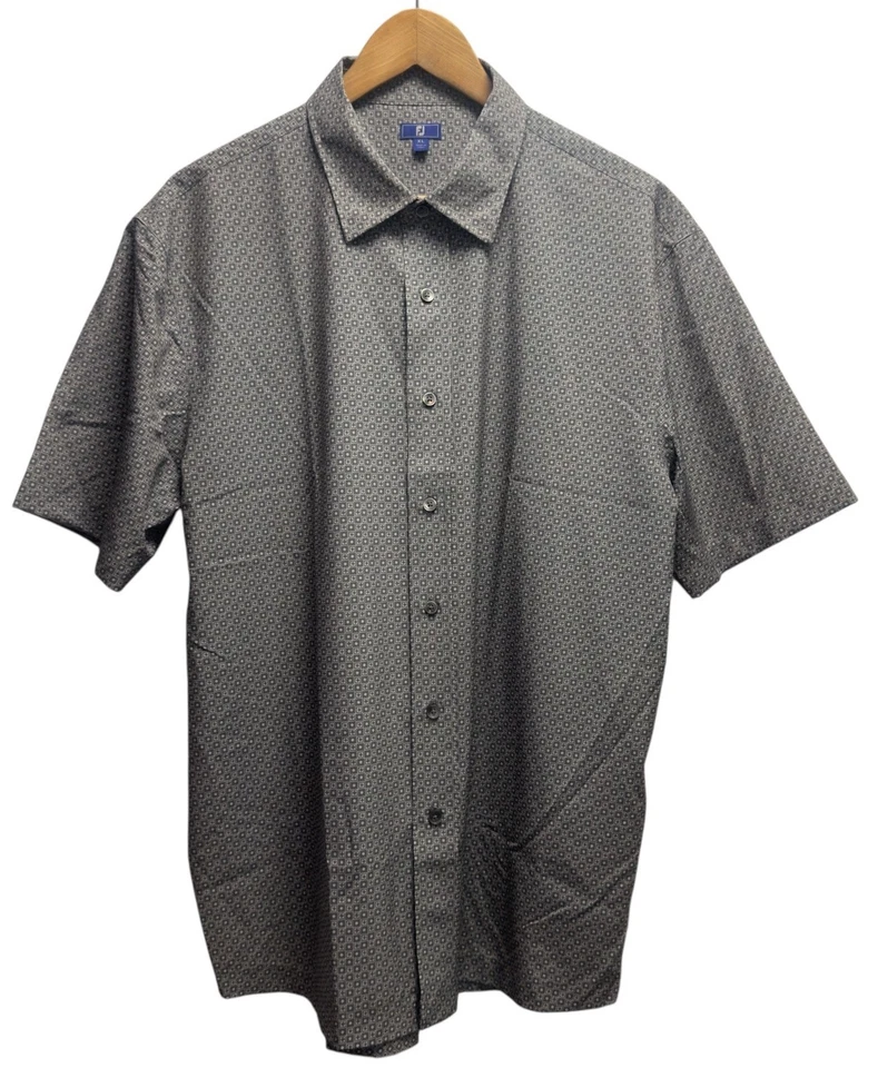 Camisa FootJoy FJ Para Hombre Talla XL Gris/Blanco Rendimiento Geométrico Botón Delantero S/S Foto 2 de 4