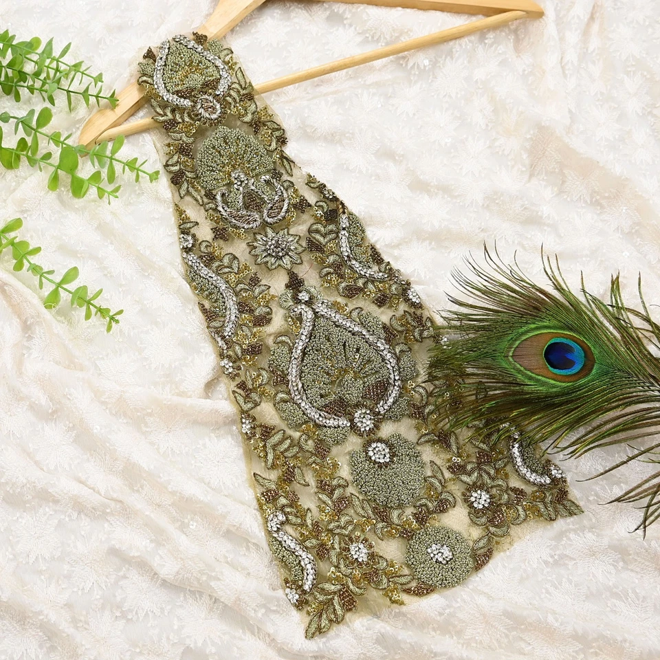 Vintage Green Net/Mesh Appliques – Set of 1 Hand-Embroidered Dabka Patches - Image 2 of 4