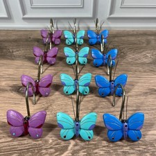 Butterfly Shower Curtain Hooks Multicolor Resin Whimsical Purple Blue Set of 12