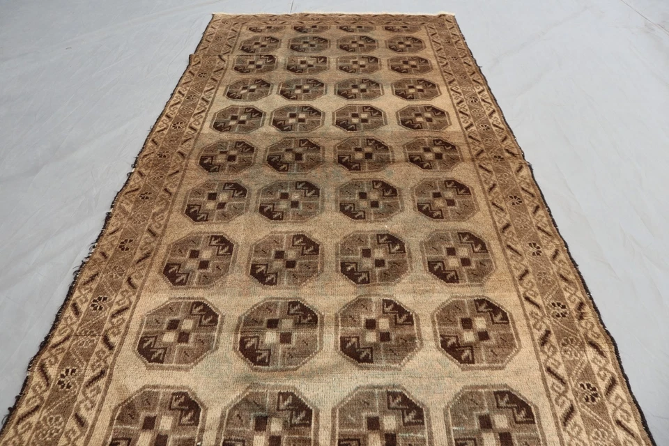 Alfombra gaviota beige turcomana afgana vintage 3x6 - tonos tierra suaves clásica nómada. Foto 3 de 4