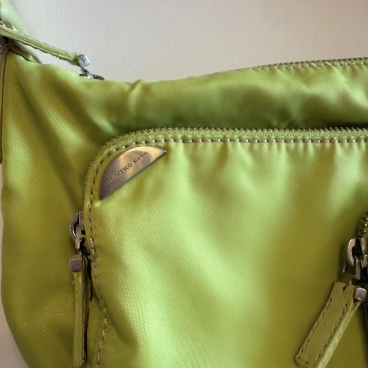 Bolso de Hombro Francesco Biasia Y2K Verde Lima Nylon Cuero Borde Cartera Retro Foto 2 de 4