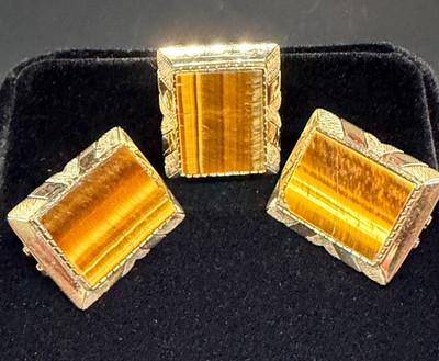 14k Yellow Gold & Tiger Eye Ring (Sz 7) & Earrings Set Vintage.  21 grams