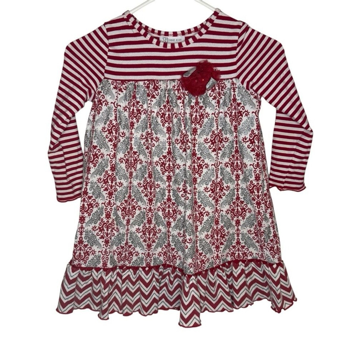 christmas pattern swing dress Bonnie Jean Red White Grey Holiday Size 6 1/2 Bust 24.4