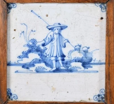 Delft Fayence-Fliese 18.Jh | Schäfer-Figur | Ochsenkopf-Ecken | 12cm - Bild 1 von 4