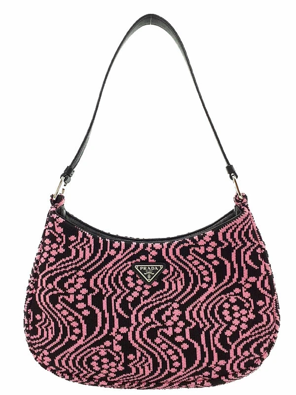 Prada Cleo Maglia Jacquard Shoulder Bag 1BC499 Canvas Black with Papers #TB3041