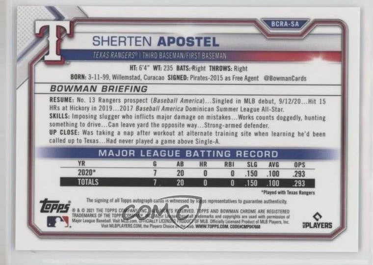 2021 Bowman Chrome Rookie Gold Refractor /50 Sherten Apostel #BCRA-SA Auto RC - Image 2 of 2