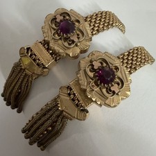 ANTIQUE VICTORIAN GOLD FILLED MESH GARNET RED PASTE SLIDE TASSEL BRACELET PAIR