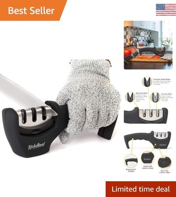 Versatile Kitchen Knife Accessories: 3-Stage Sharpener & Cut-Resistant Glove