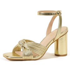 IDIFU Gold Block Chunky Heel Sandals 3 Inch Square Toe Heels with Adjustable...