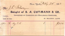 SA Gutmann & Co New York NY 1893 Billhead Diamonds & Jewelry