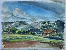 40s 50s Modernism Country Barn Mountain Landscape Watercolor Painting Signed