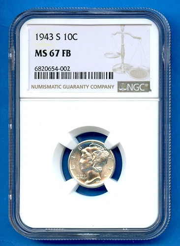 1943 S NGC MS67 FB Mercury Dime 10c US Mint Silver Coin 1943-S MS-67 FSB