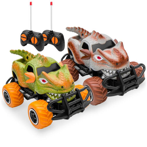 Set of 2 Mini Toy Dinosaur Remote Control Cars 9mph Max Speed Fun Durable Rubber