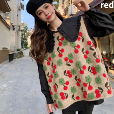 Women Cherry Knit Waistcoat Vest Mori Girl Pullover Gilet Sweater Sleeveless Top