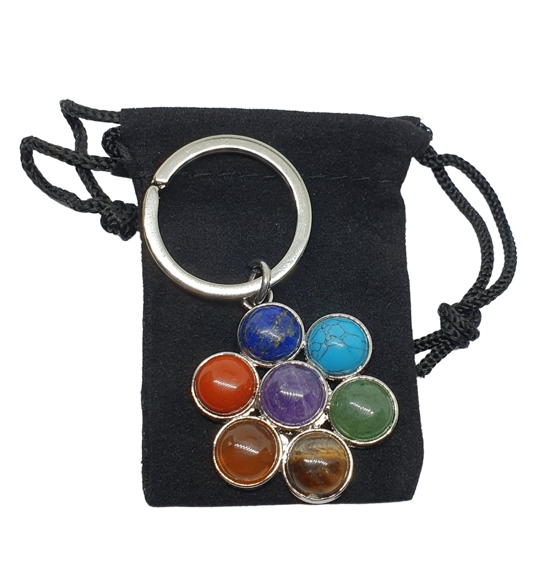 Chakra Flower Keyring Crystal Real Gemstone Bag Charm Reiki Healing & Velvet Bag