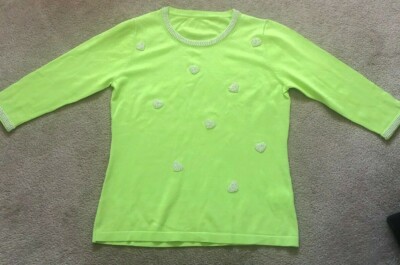 New  Italian Sweater  Chartreuse Lime Green Pearl Hearts Accent Size  M/S