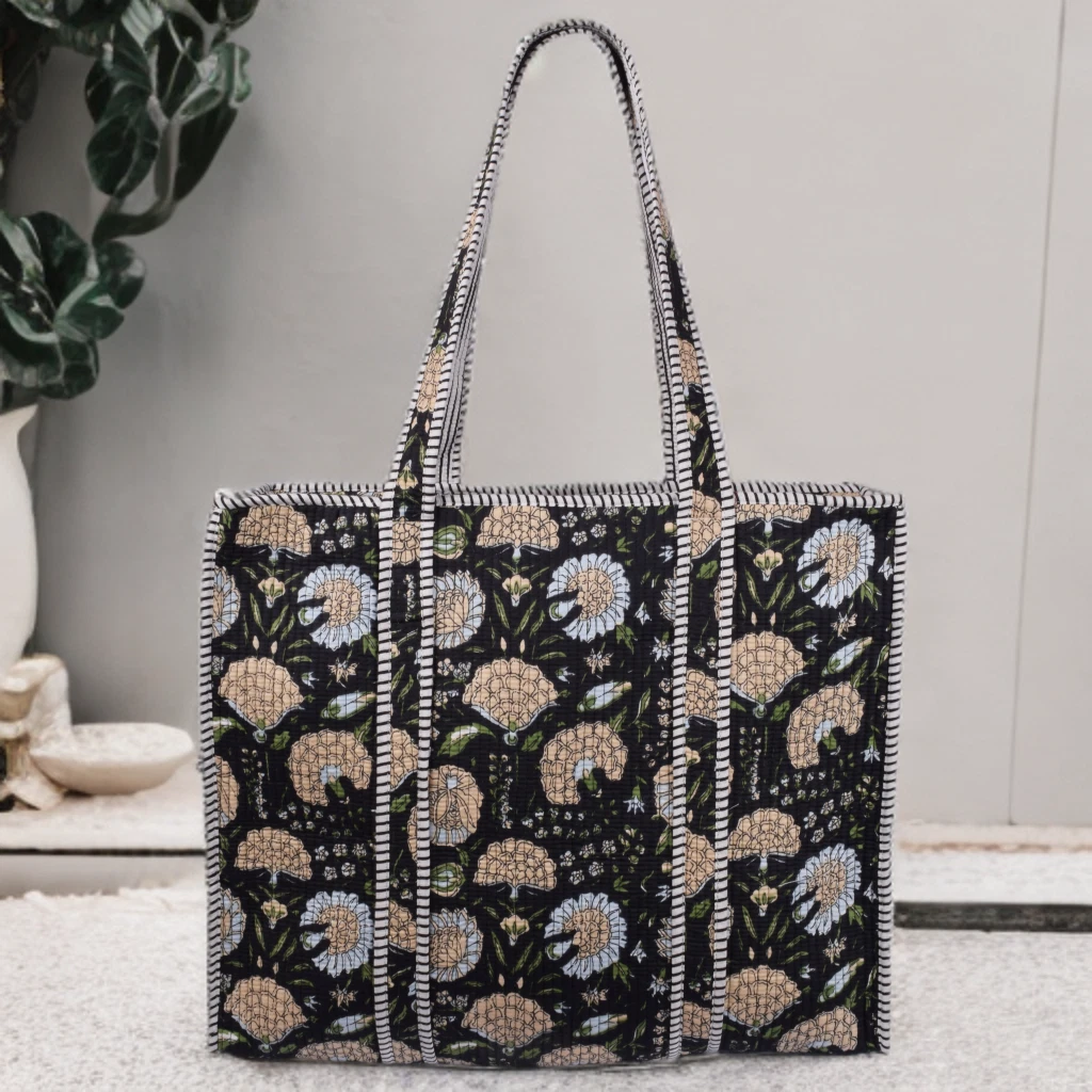 Indian Handmade Quilted Tote Bags Cotton Block Large Shoulder Shopping Bag Women