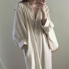 Cotton Linen Shirt Dress Long Maxi V-neck Loose Casual Apricot Summer New Beige