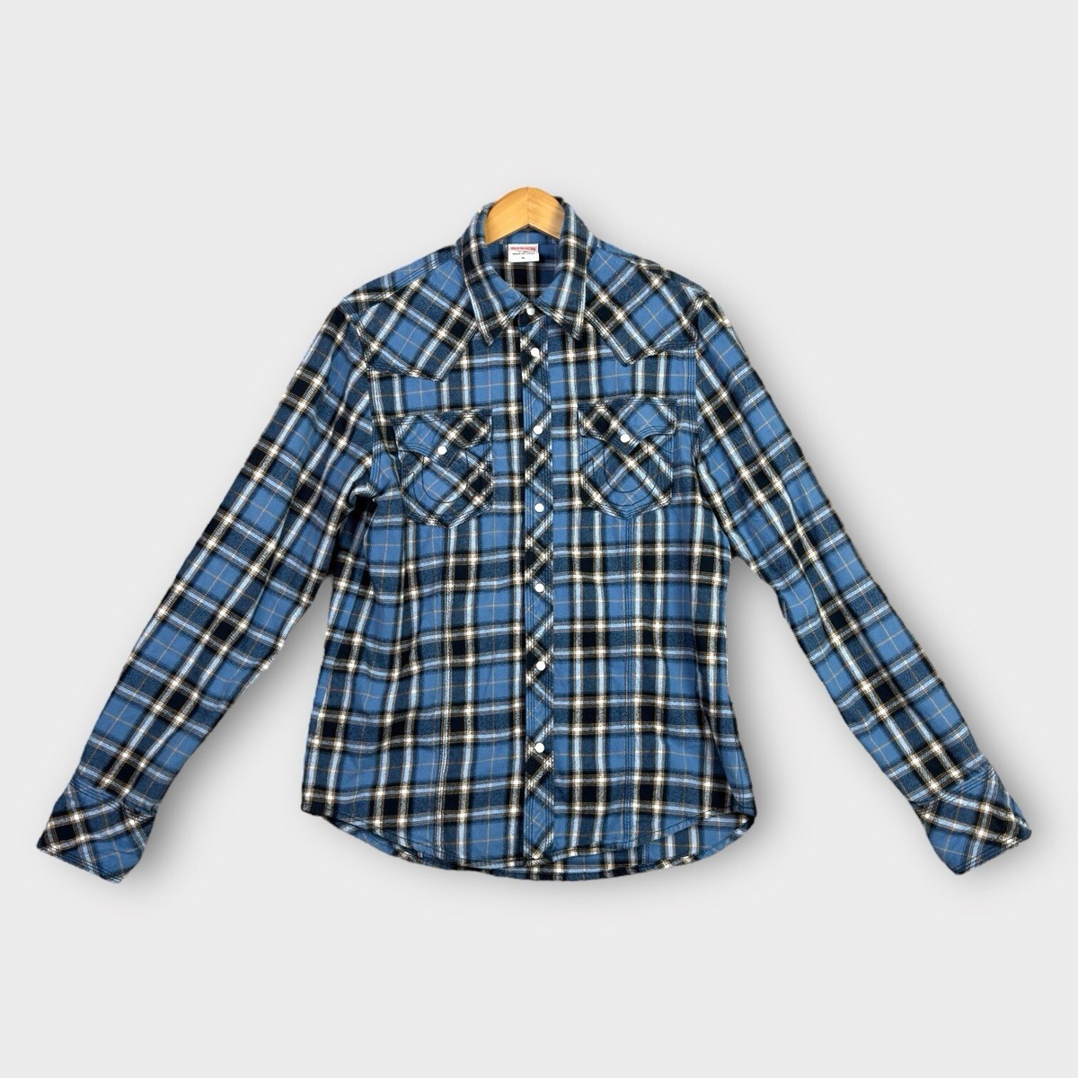 True Religion Flannel Shirt Mens XL Blue Plaid Pearl Snap Western 