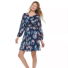 DKNY Pleated Balloon-Sleeve Dress navy pink size 2 New