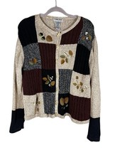 Neutral Patchwork Knit Sweater Cardigan Brown XL Country Farmhouse Earthy Boho