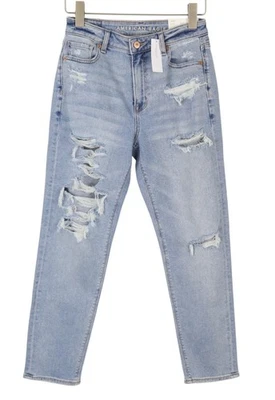 American Eagle Outfitters Jean Mom Femme W27 Bleu Patch Look Used Stretch Denim - Photo 1/4