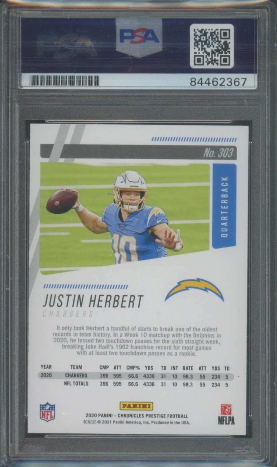 2020 Panini Prestige Football Justin Herbert #303 RC PSA 10 Authentic Auto view 2