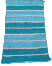 Handmade Crochet Baby Blanket 36x23 Turquoise  Cream Striped Afghan Lapghan VTG