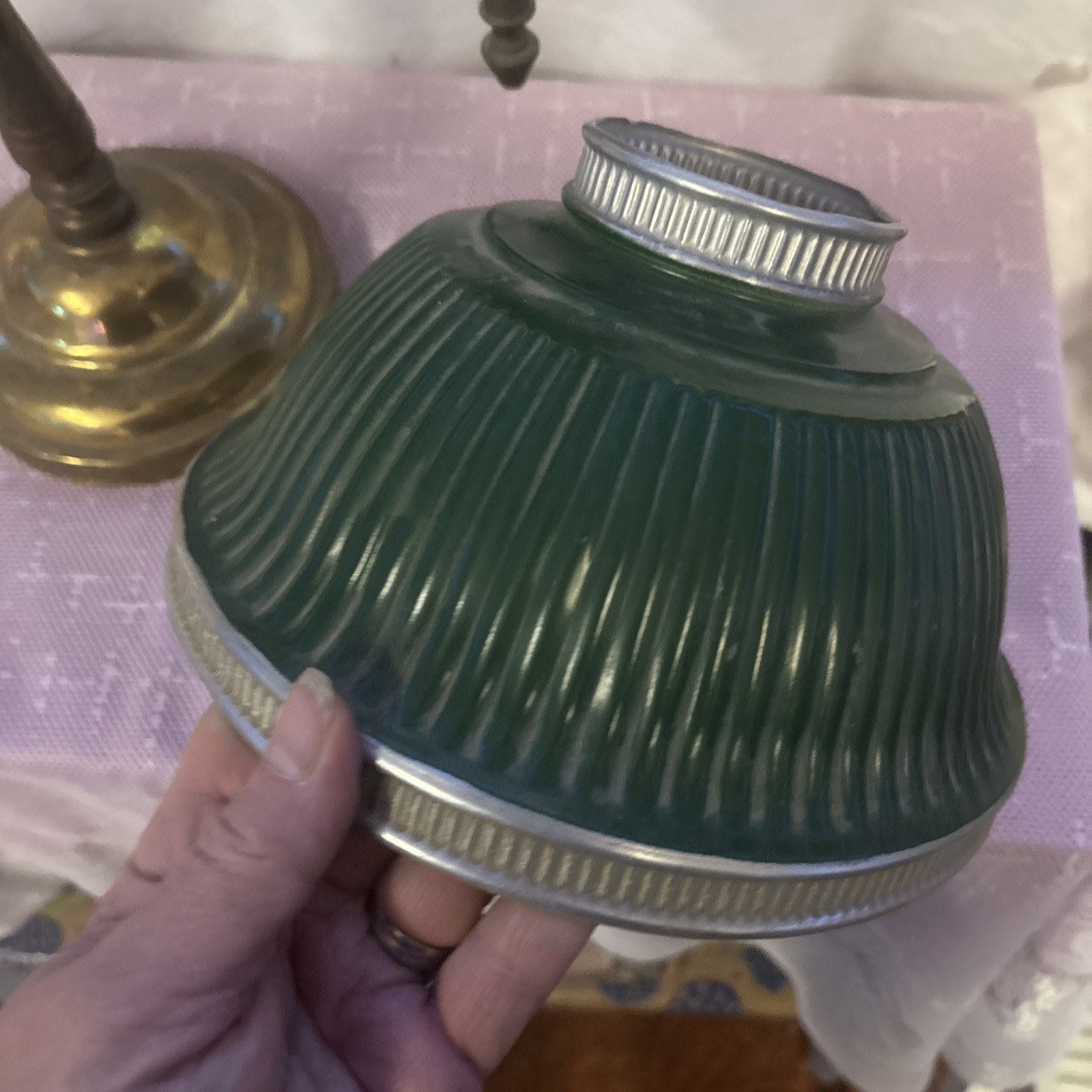 Vintage 18” Victorian Brass Student Lamp Swirl Shade Green Works Turn Key FS